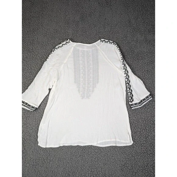 Garnet Hill Womens Size Large Blouse White Geometric 3/4 Sleeve Embroidered - Picture 5 of 8